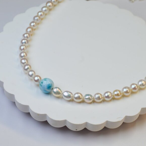 Larimar & Freshwater AK Pearl Necklace 18-20" Sterling Silver - Picture 6 of 8